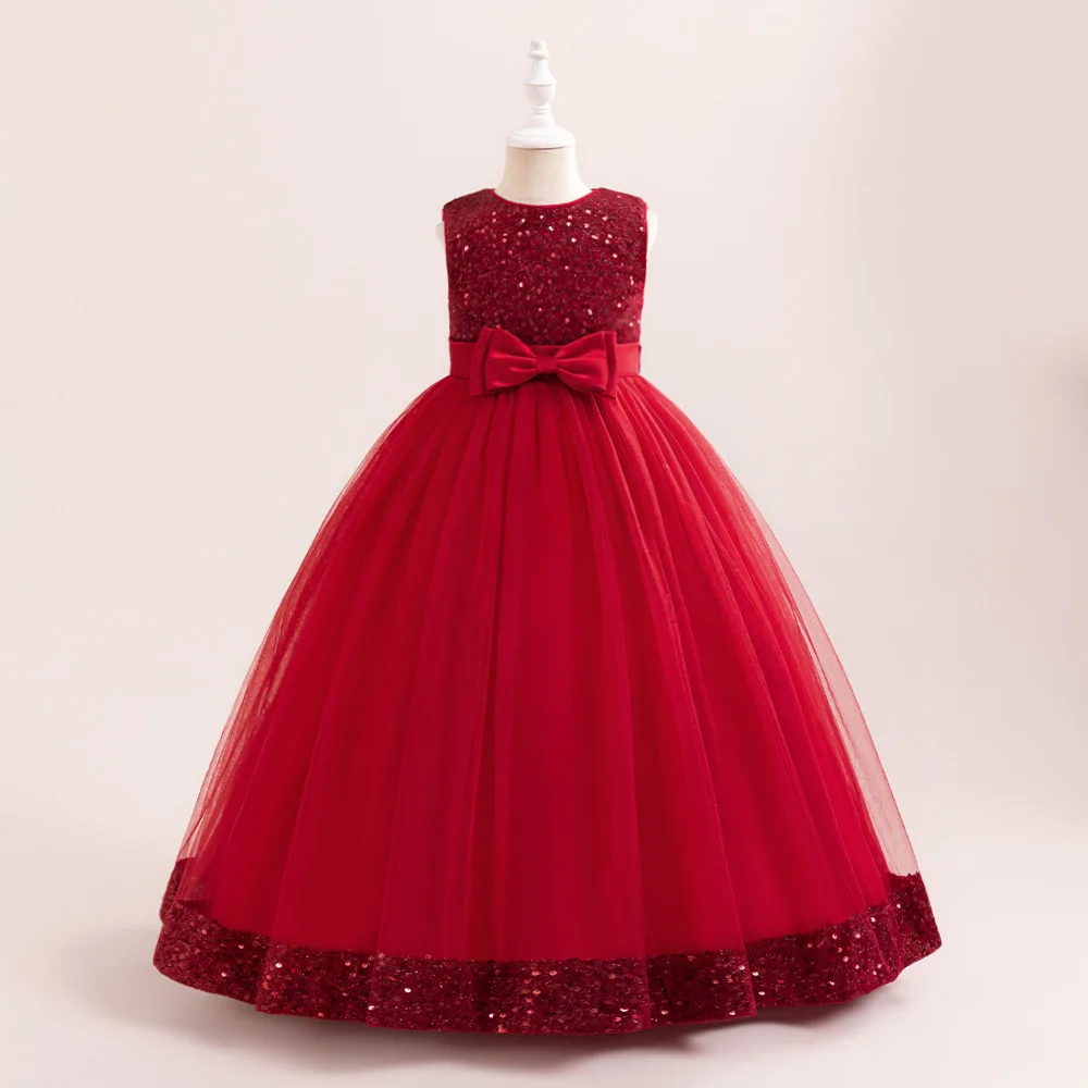 

Girl Sparkly Sequins Red Long Dress Short Sleeve Girl Dresses Tulle Kids Birthday Party Pageant Chirstmas Gown Junior Bridesmaid