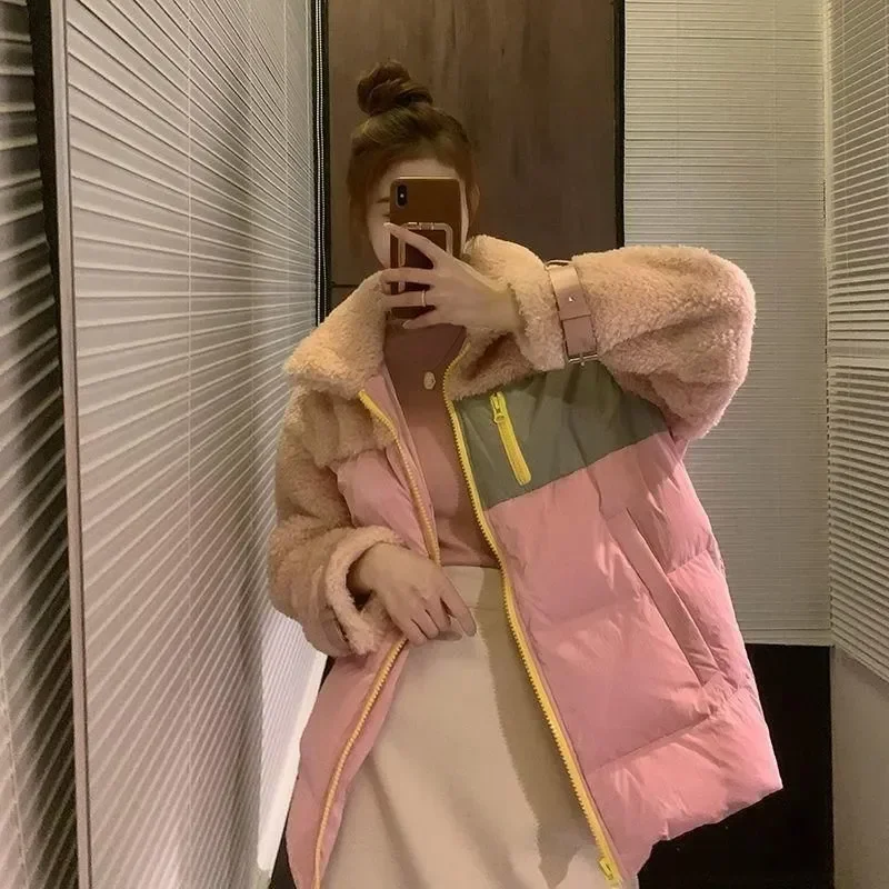 Winter Stand-up Collar Stitching Zipper Pocket Hitting Color Lamb Wool Stitching Zipper Jacket Casual Cotton Jacket Trendy Women