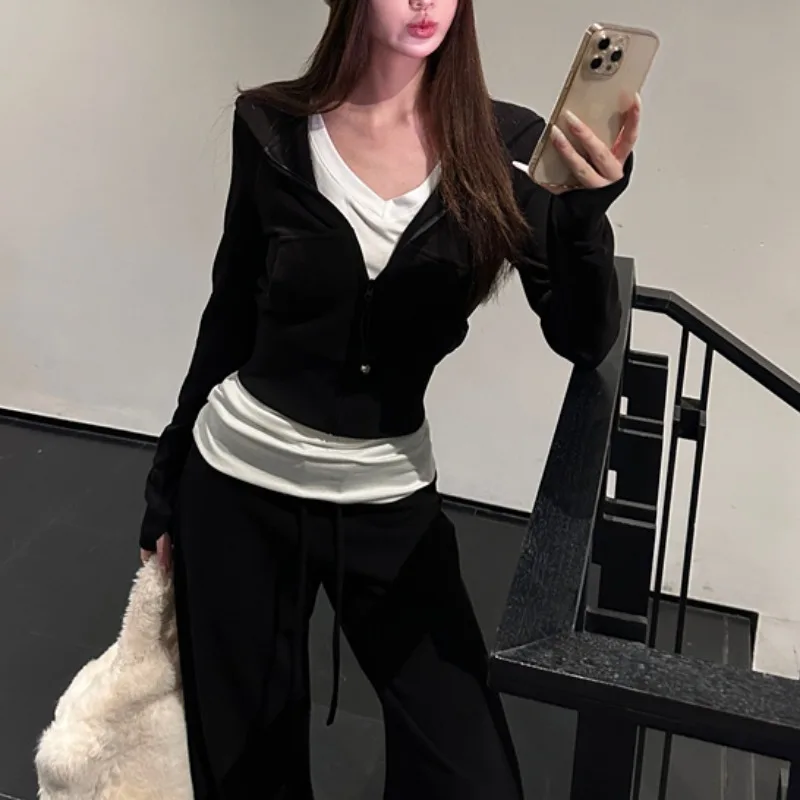 American Sle Hot Girl Violet Gaine à la taille à capuche Cardigan ouvert Sweat-shirt Femme Automne Hiver Dstring Taille haute Swe...