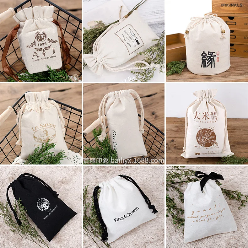 Custom Logo Drawstring Cotton Polyester Cloth Package Bag Spot Blank White Cotton Bundle Mouth Gift Packaging Canvas Storage Bag