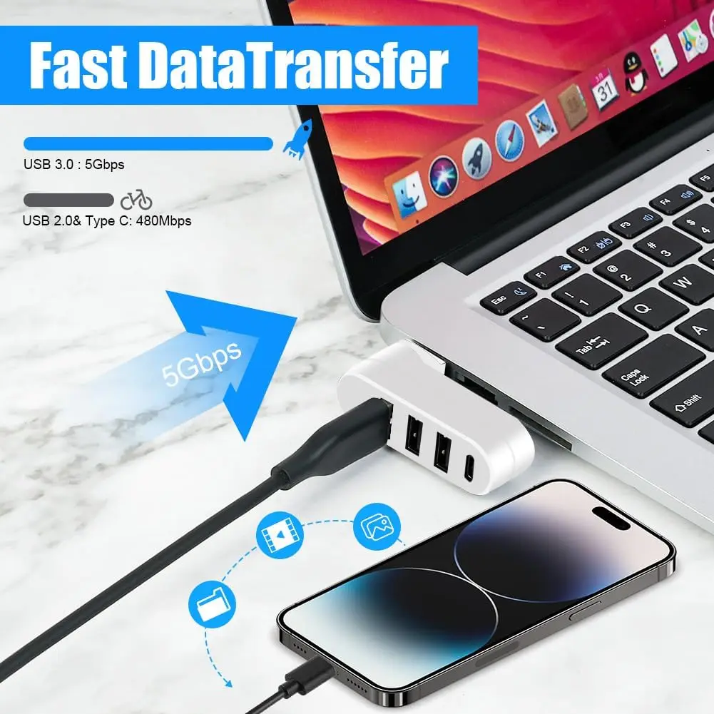 4 Ports USB 3.0 Hub 180 Degree Rotating Mini Splitter 5Gbps High Speed Type C USB 2.0 Adapter for MacBook Laptop Phone PC Car