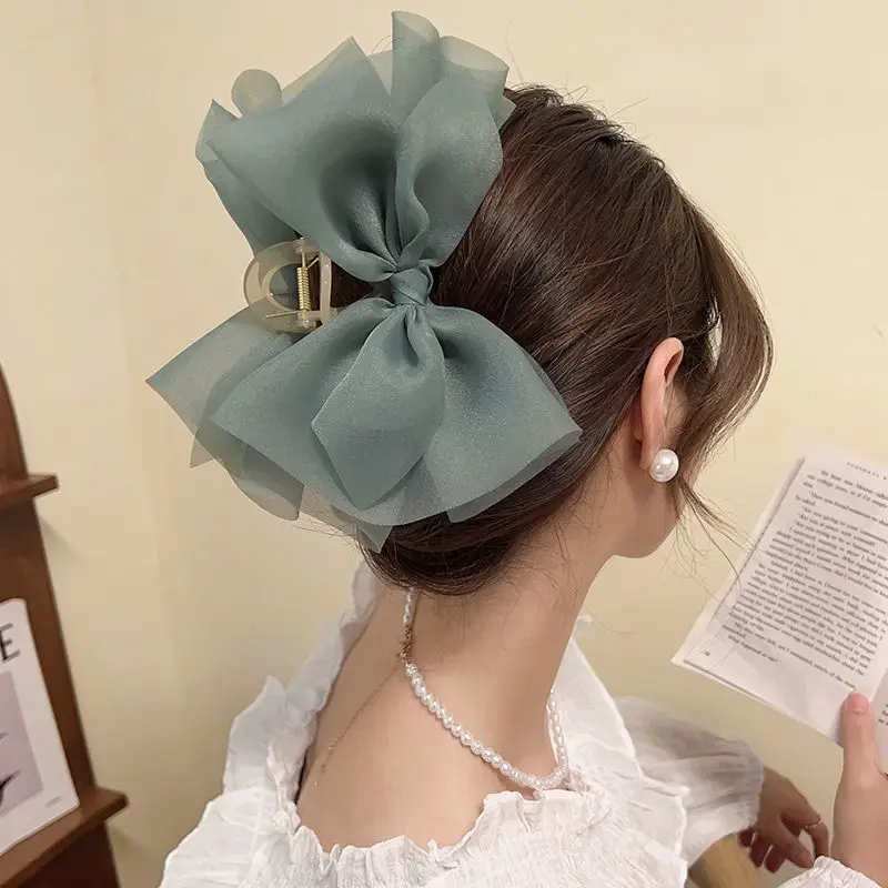 Vrouwen Elegante Grote Chiffon Boog Haar Klauw Zoete Mesh Boog Grijpen Haar Clip Paardenstaart Haai Haarspeldjes Mode Haaraccessoires