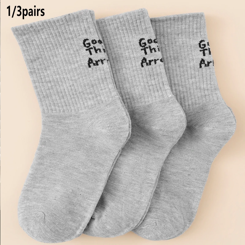 1/3 Pairs Women Grey Vertical Stripe Letter Print Crew Socks Sweat Absorb Breathable Minimal Versatile Comfort Mid Calf Socks