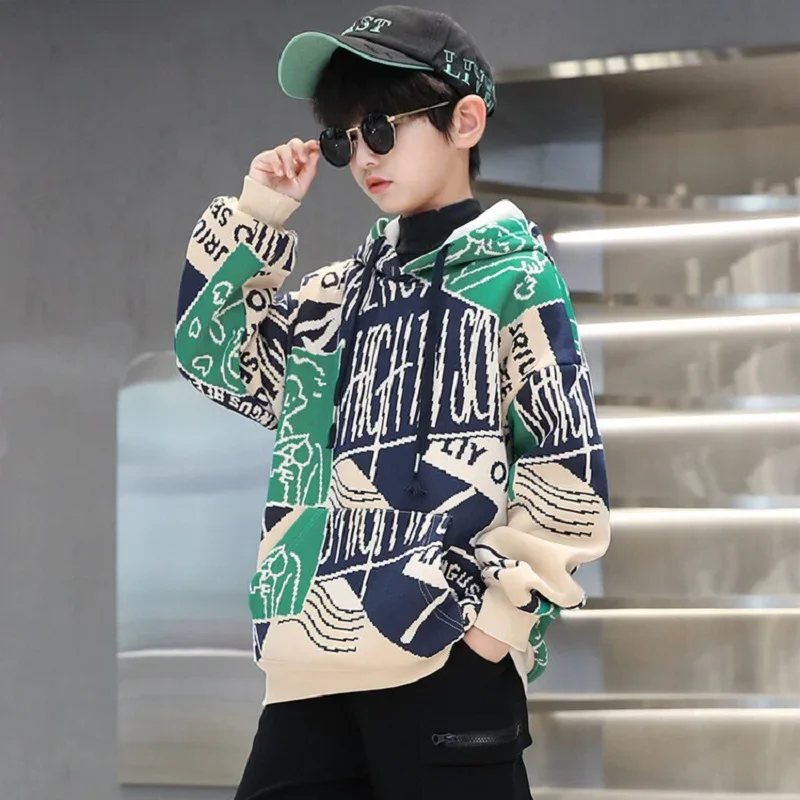 Boys Hoodies Children's Clothing Sided Fleece Kids Clothes Autumn Winter Graffiti Fleece Bottoming Shirt For 6 8 10 12 14 Years