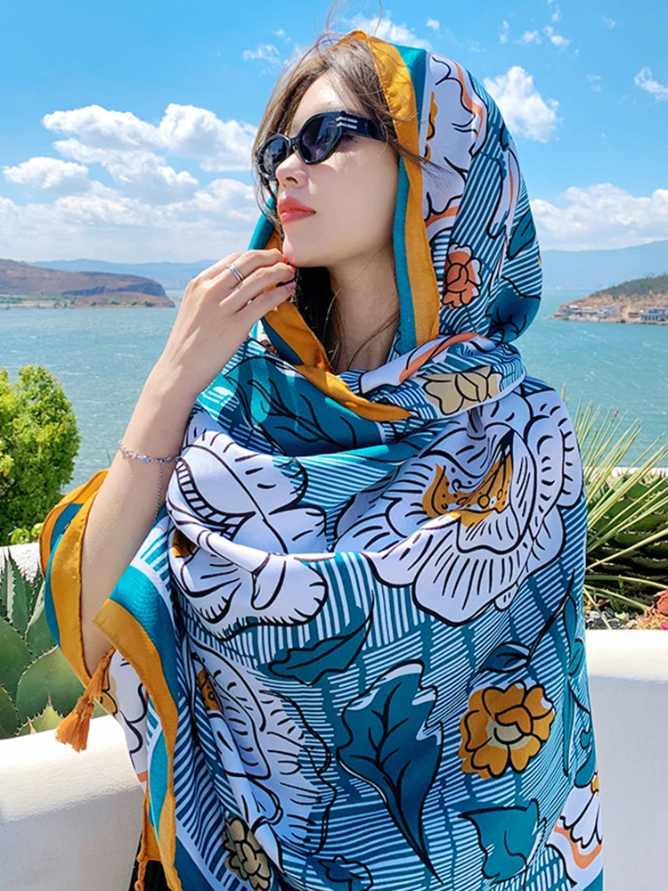 Summer Elegant Women Silk Scarf Beach Wrap Shawls Vintage Floral Print Lady Sunscreen Bandana Hijab Mujer Bohemian Scarve Pareo