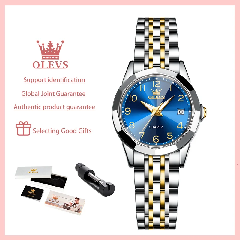 OLEVS Original Luxury Women's Watches Stainless Steel Strap Calendar Quartz Prismatic Mirror Surface Digital scale Female Watch