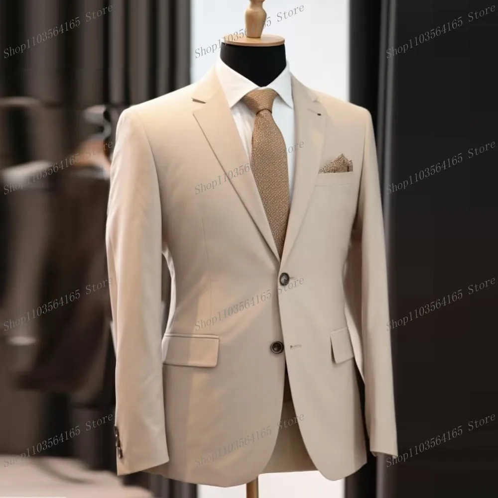 New Beige Men Blazer Business Formal Office Coat Casual Work Prom Single Jacket Wedding Party Fashion Male Suit A24