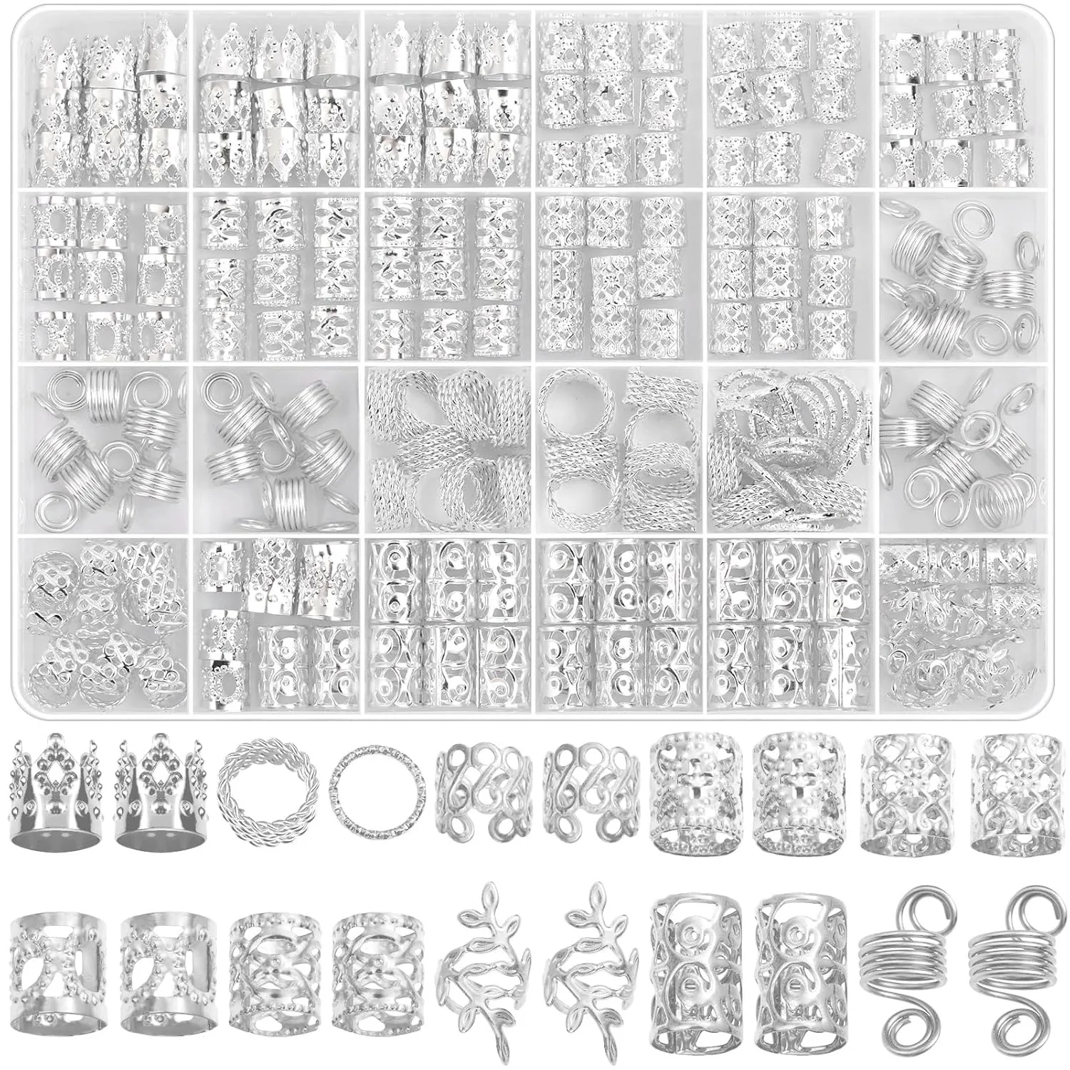 220Pcs Silver Hair Jewelry Metal Silver Braids Rings Cuffs Clips for Dreadlock Accessories Hair Braids Jewelry Decorations