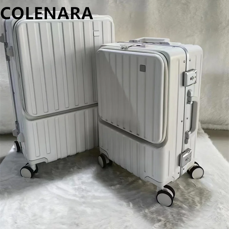 COLENARA-Mala De Cabine Com Rodas, Moldura De Alumínio, Caixa De Embarque, Carregamento USB, Estojo Do Trole, 20 ", 24", Abertura Frontal, Bagagem