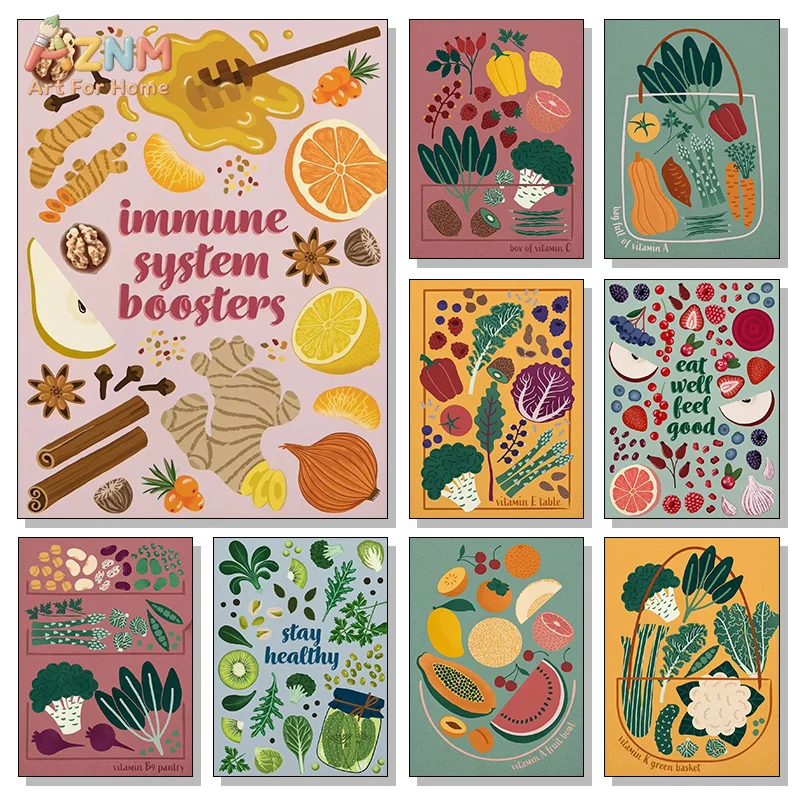 AZNM Healthy Fruit Vegetable Canvas Wall Art Nutrition Vitamin Food Illustration Print Frameless Canvas Painting Kitchen Dining