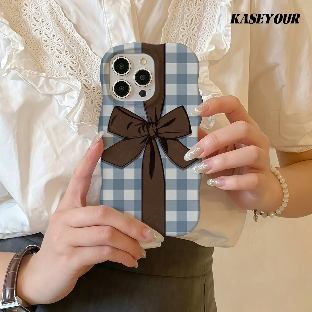

Fashion Wave Edge Blue Gingham Brown Bow 2-IN-1 Phone Case For iPhone 17 Air 16 15 14 13 12 11 Pro Max Shockproof Bumper Cover