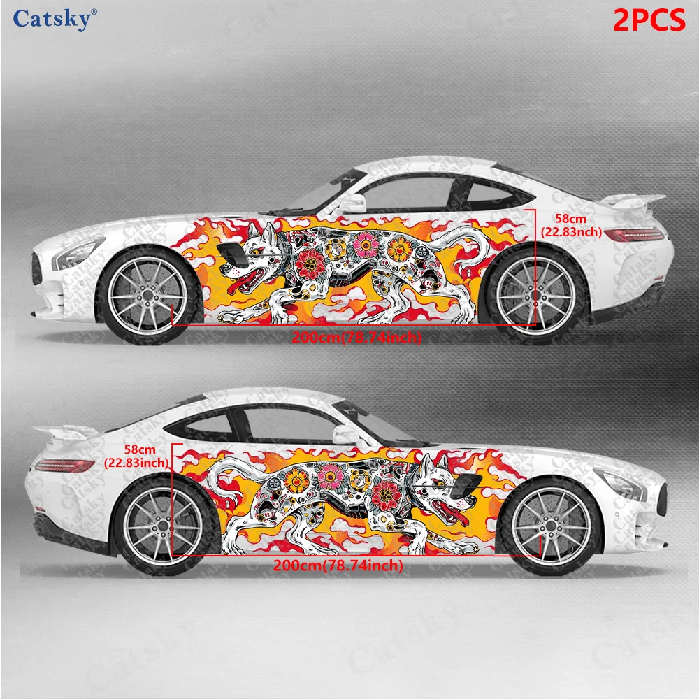 2pcs Tattoo Flower Dog Car Side Wraps, Self-Adhesive PVC Waterproof & Scratch-Resistant Stickers, Car Accessory Gift