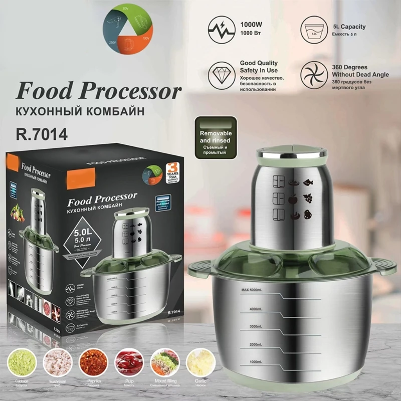 Electric Food Processor Stainless Steel Food Chopper Slicer Machine Kitchen Blender Cutter 1000W Powerful Grinder