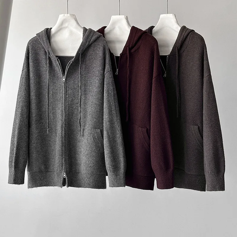 WHTREND خريف شتاء جديد الكورية نمط فضفاض تنوعا مقنعين سستة جيب الأغنام الصوف محبوك سترة معطف WH2039 #6