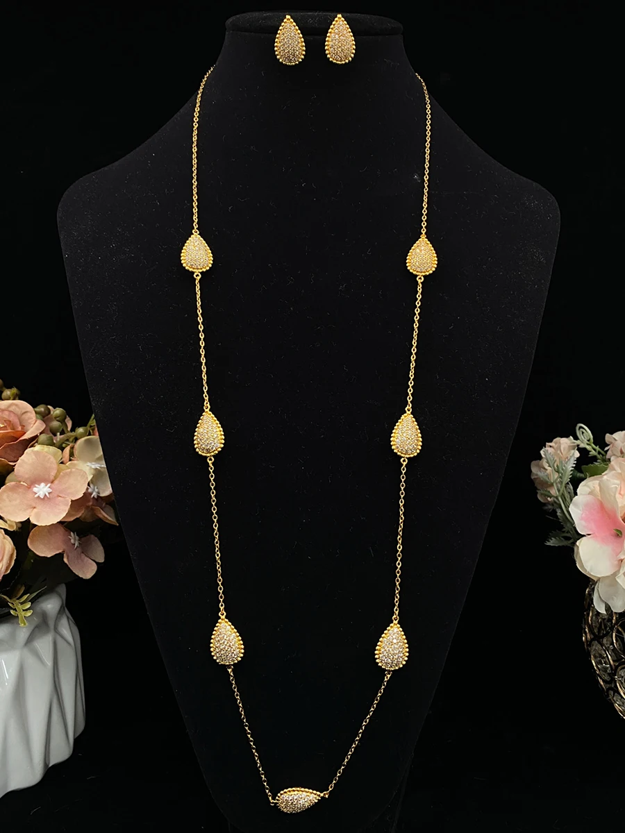 

Falair plated Copper Long Chain Set，Zircon Necklace & Earrings 2 Pce in Hypoallergenic Jewelry , Birthday Anniversary Present