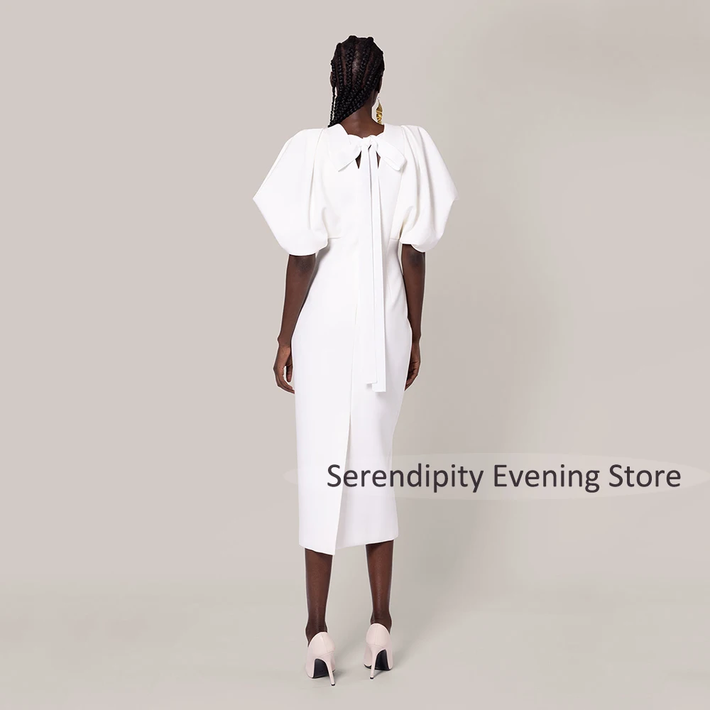 Midi-cocktailjurken voor dames 2025, O-hals, theelengte, kolomcocktailjurken, korte gezwollen mouwen, strikschede, formele feestjurk