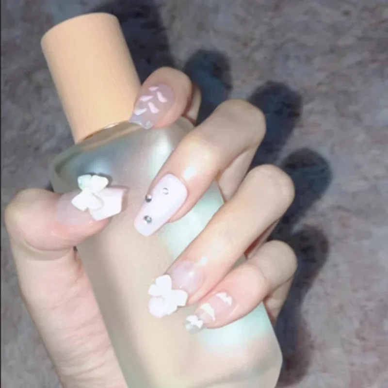 

10Pcs Pink&Yellow Handmade Press on Nails Set Sweet Princess Style Heart with Bow Design False Nails for Women and Girls Wearing