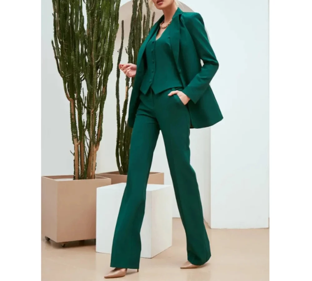 New Arrival Fashion Green Women Suit Single Breasted 3 Piece Jacket Pants Vest Female Clothing Formal Office Blazer Set