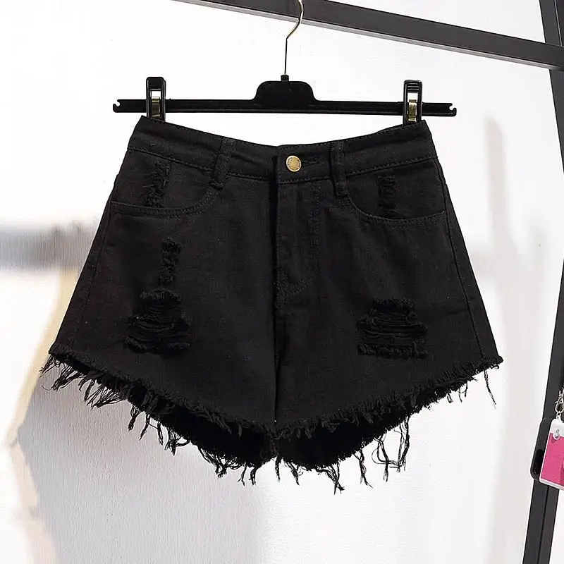 Large Size Denim With Ruffled Shorts Women\'s Summer High Waisted Loose Hole Wide Leg Student A-line Hot Pants Basic Short Jeans