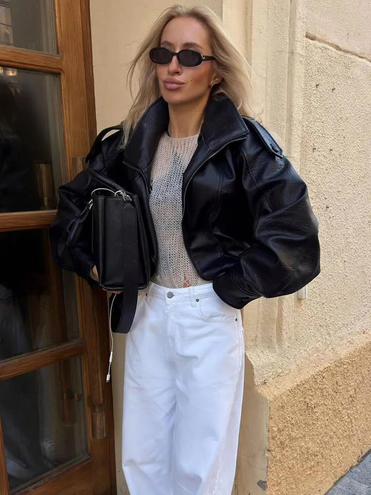 Ladies Black Solid Short Moto Jacket Diagonal Zip High Collar Epaulette Strap Loose Fit Biker Outerwear Coat For Going Out Retro