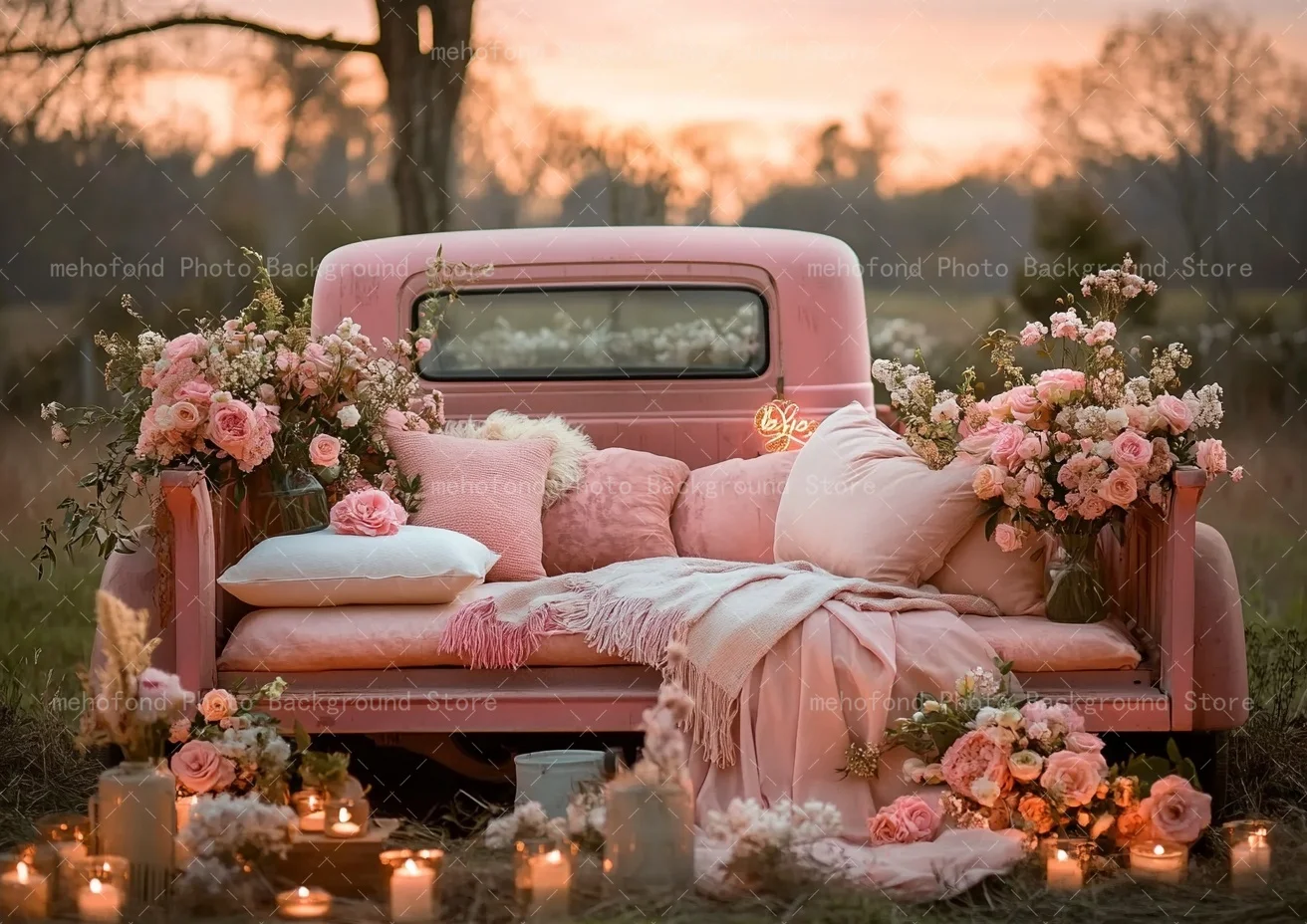 Mehofond Photography Background Romantic Valentine's Day Rose Pink Car Sunset Candlelight Kids Family Portrait Backdrop Decor