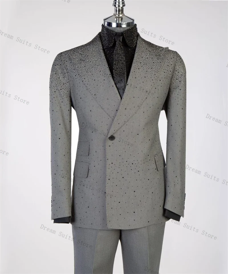 Ensemble de costume gris pour hommes, 2 pièces, Blazer + pantalon, pierres de luxe, veste de bureau formelle personnalisée, Tuxedos de mariage pour marié, manteau en coton