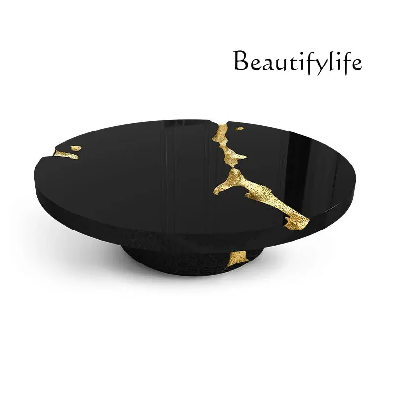 

Light luxury round solid wood coffee table special-shaped crack coffee table tree pomegranate leather tea table customization
