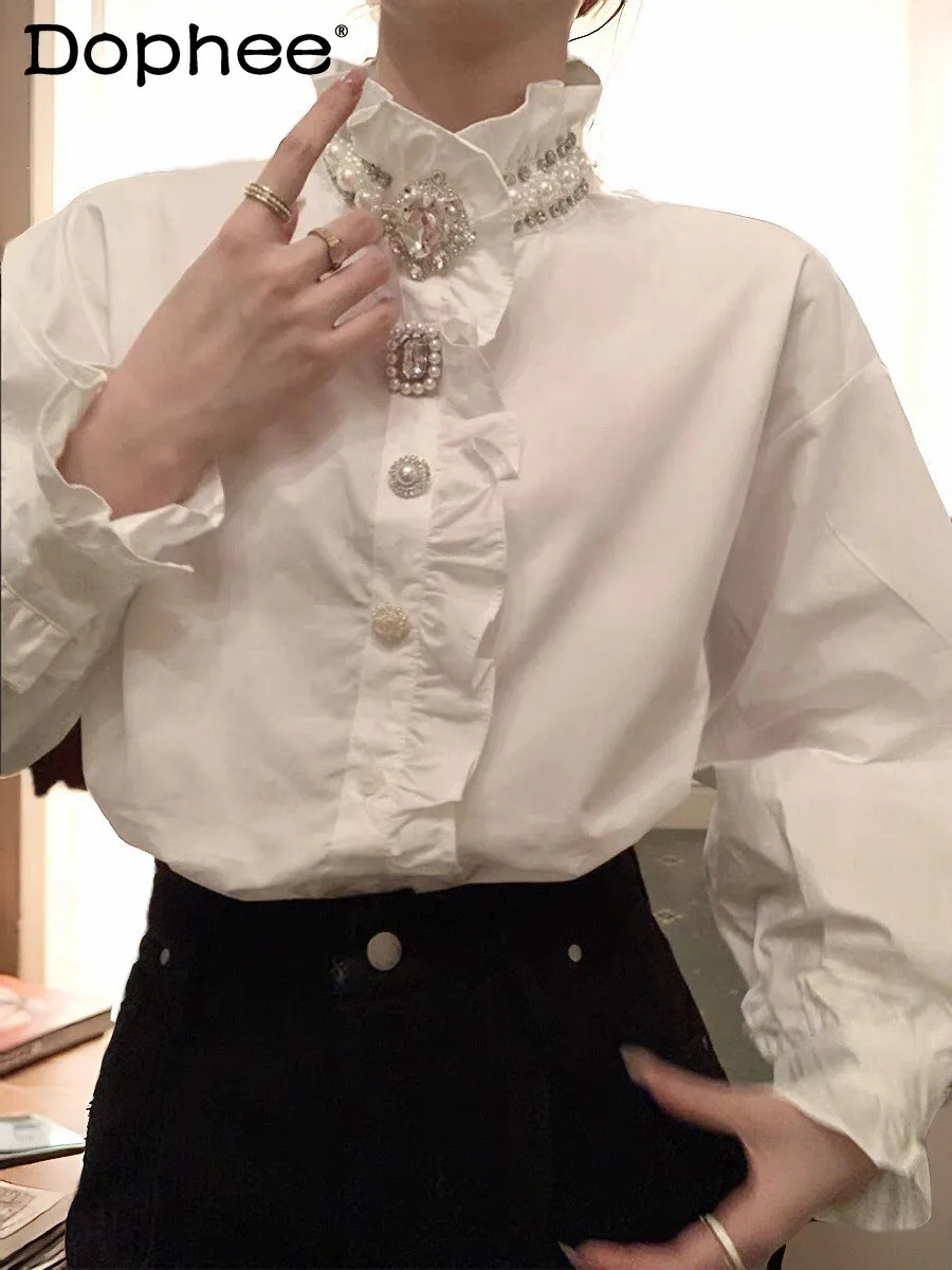 French Royal Style Stand Collar Ruffle White Shirt Female 2024 Spring New Heavy Industry Rhinestone Long Sleeve Shirt Top Women