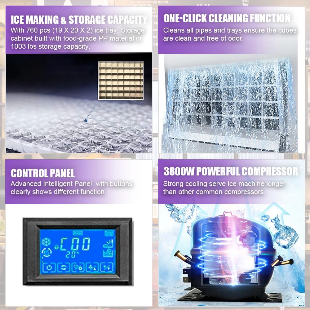 HPDMC Commercial Ice Maker 2000lbs/24H 220V 1003lbs Ice Storage Capacity Automatic Cleaning Ice Machine