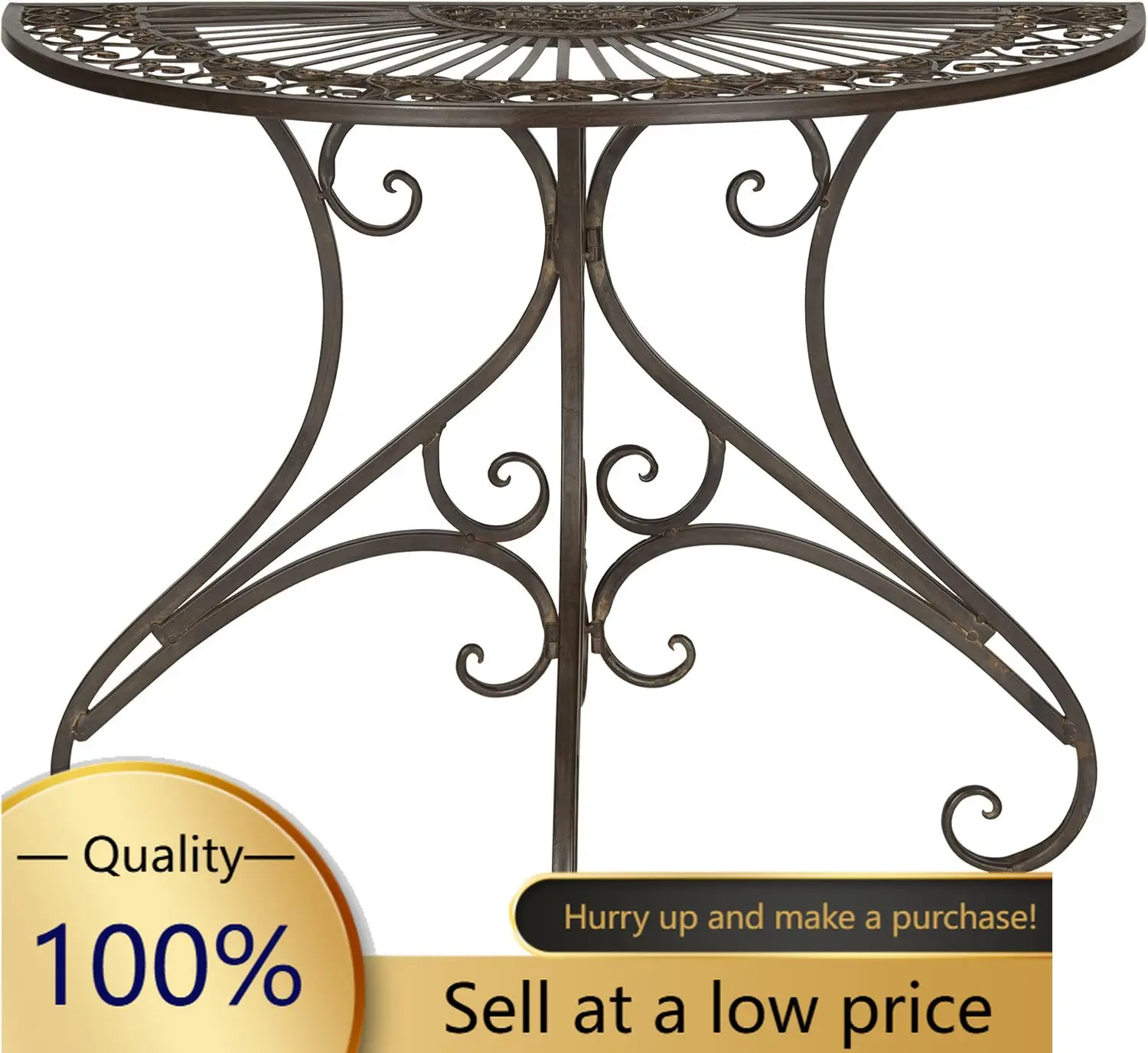 Rustic Scrollwork Iron Half Moon Table For Patio Deck Garden Porch