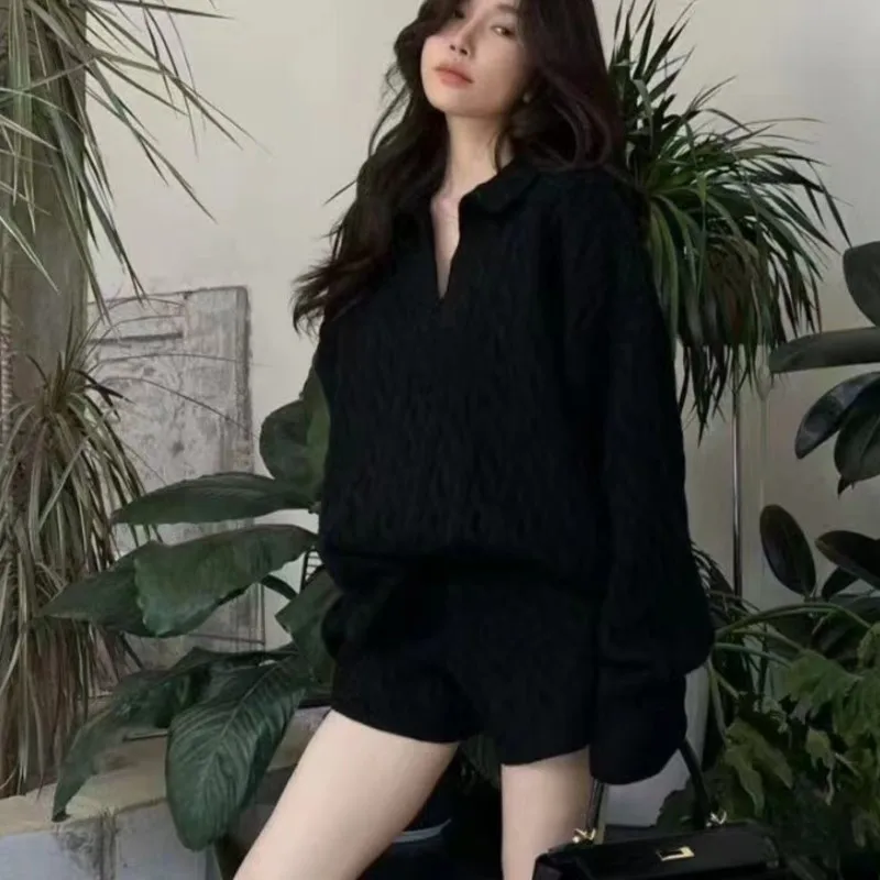 Korean Fashion Solid Two-piece Set Women V-neck Loose Pullover Sweater Top Shorts Casual Outfits Autumn New Suit Female Clothing