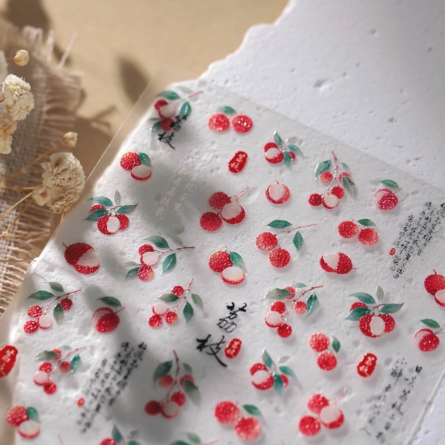 신선한 오픈 Litchi Chinensis 과일 녹색 잎 한자 레몬 복숭아 양각 네일 아트 스티커 Lychee 매니큐어 데칼