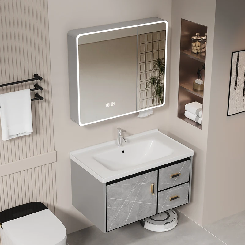 

Space aluminum alloy bathroom cabinet combination ceramic integrated basin small apartment bathroom washbasin cabinet drawer