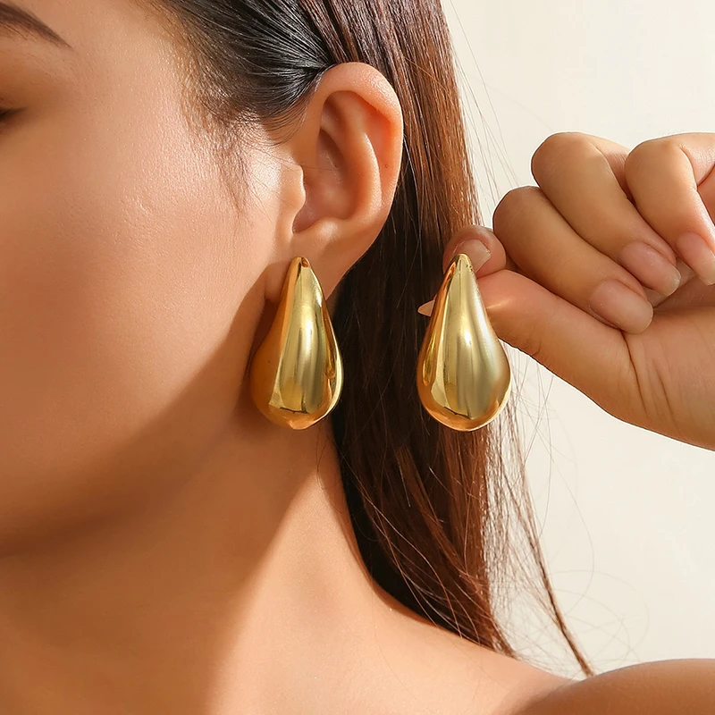 Vintage Gold Plated Chunky Dome Drop Earrings For Women's Earstuds Glossy Teardrop Earrings Exaggerated Jewelry Gifts