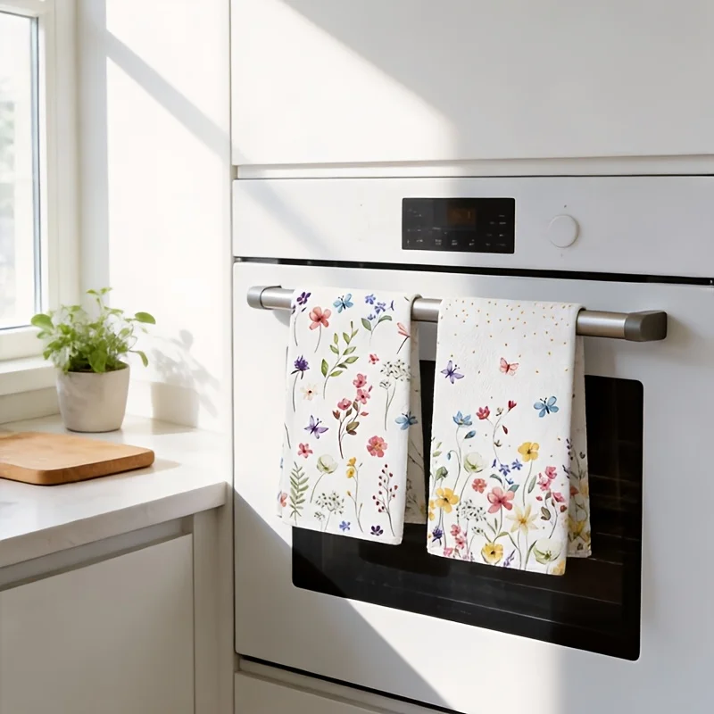 2 wildflower butterfly pattern dishtowels