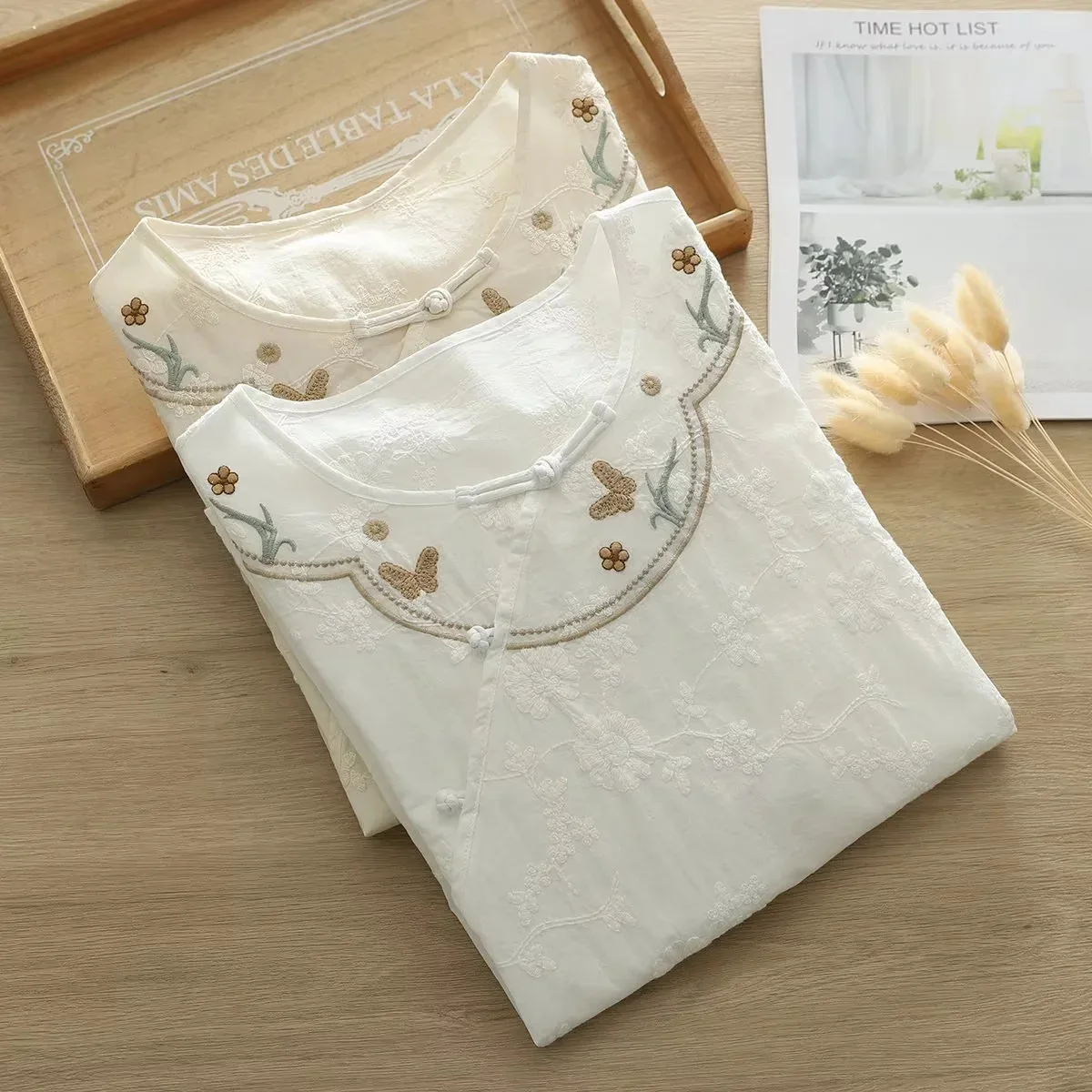 Vintage lace butterfly embroider shirts and blouses for women summer tops cotton white beige Chinese buttons shirt