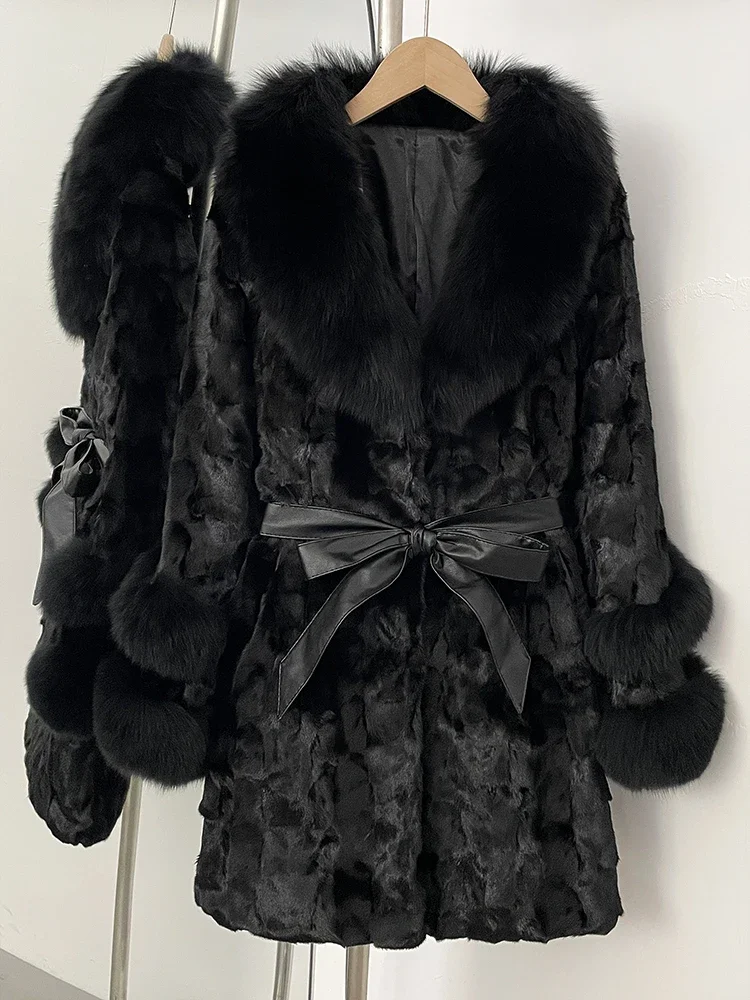 

New Winter Thickened Warm Women Clothes Female Mid-length Leather Belt Real Mink Fur Coat Women Black Natural Fox Fur Jacket