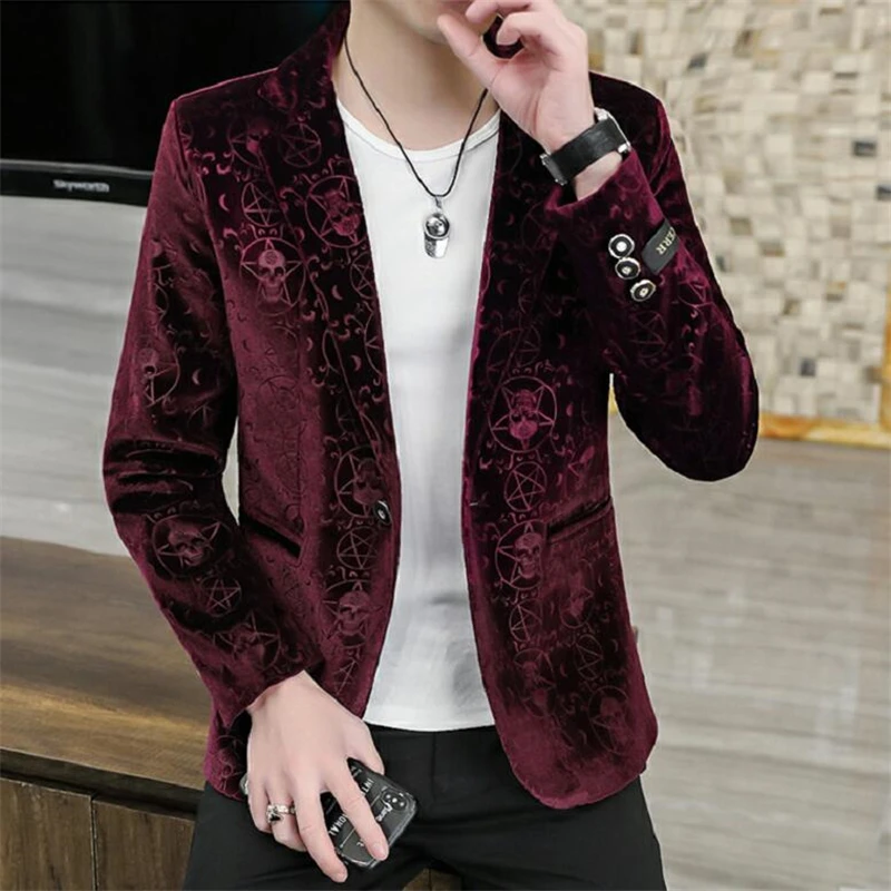 Velvet Jacquard Luxury Blazers For Men Skulls Fashion Slim Fit Spring Quality Soft Comfortable Suits Coat Casual Terno Masculino