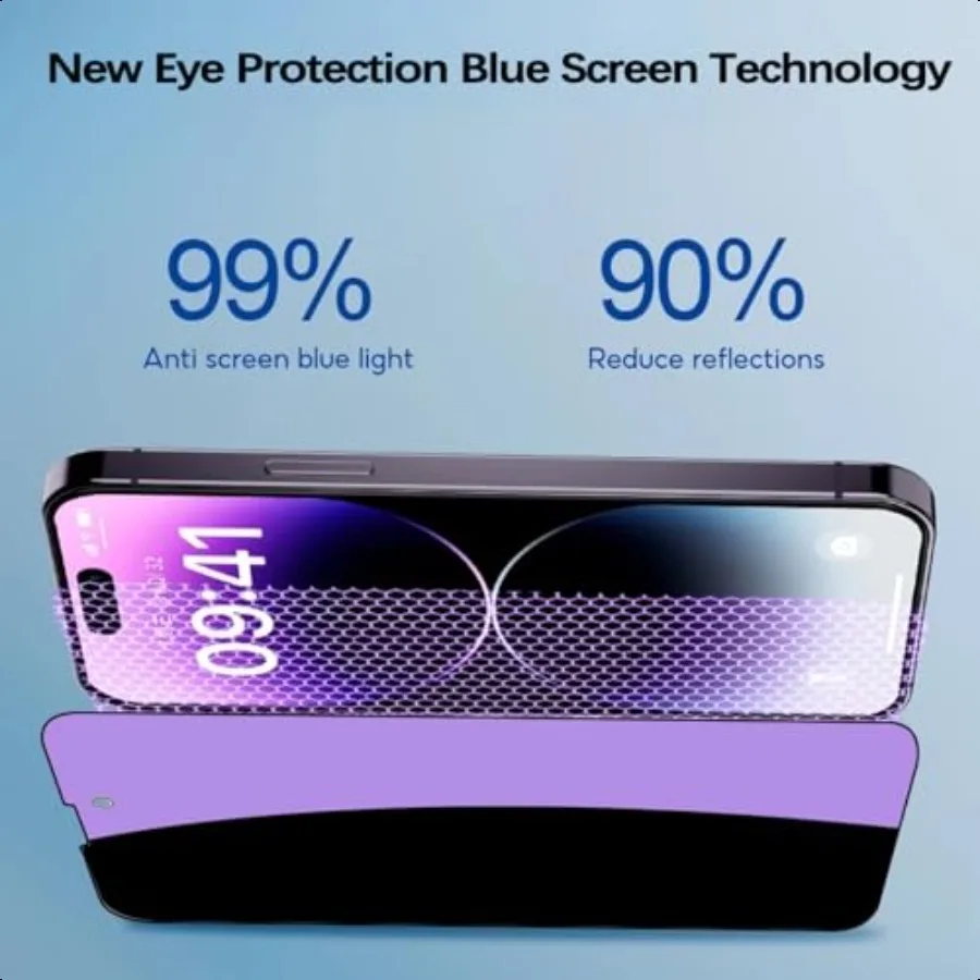 عبوتان من واقي الشاشة المضاد للضوء الأزرق لهاتف iPhone 14 Pro Max HD Clear Blue Light لحماية العين من الزجاج المقسى