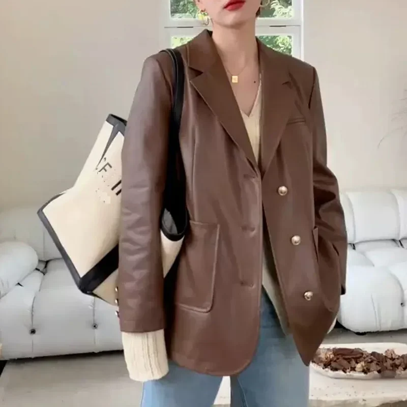 Women Leather Jacket 2023 Korean Ladies Oversize Loose Coat Streetwear Kurtki Mujer Tailored Collar Big Pocket Brown Blazers