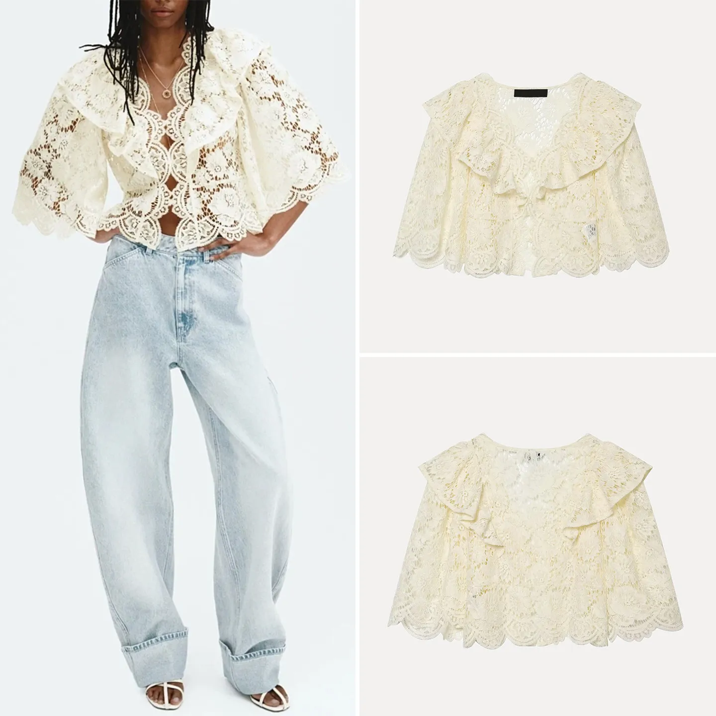 

Fashionable Lace Trim Blouse Women's Summer 2026 New Arrival Elegant Versatile Shirt Neutral Style Short Length Sleeve Seven