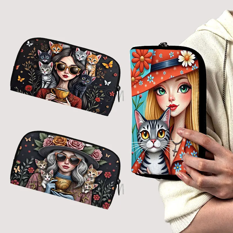 

Fashion Women Cat Flowers Print Wallet Elegant Women Having Coffee Purse Money Bag Credit Card Earphone Phone Holder Long Wallet