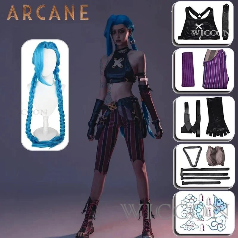 Jinx Cosplay Game Arcane Cosplay Costume pour femme, Crit Loli Jinx Uniforme, Perruque, Tatouage, Autocollant, Tenue sexy, Halloween, Costume de carnaval