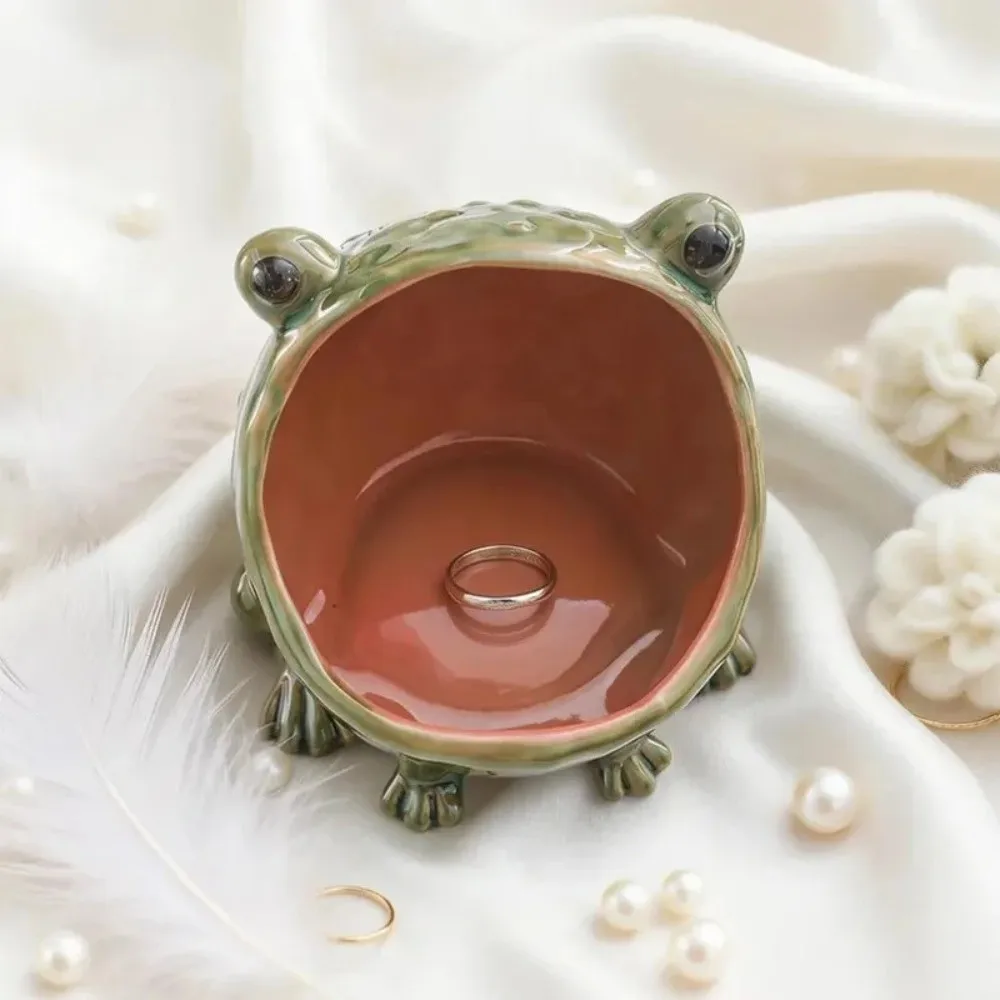 Funny Big Mouth Simulation Frog Jewelry Dish Ceramic Multifunctional Animal Trinket Tray Catchall Key Bowl Desktop Ornament