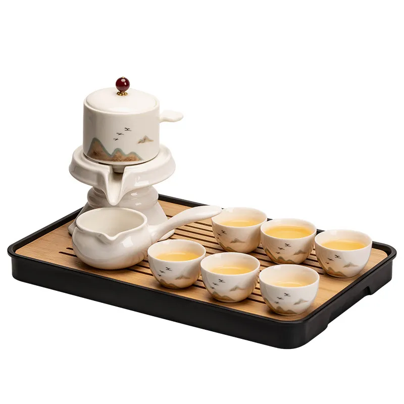 Mutton Fat Jade Remote Mountain Tea Set Automatic Teapot Cups Gift Box