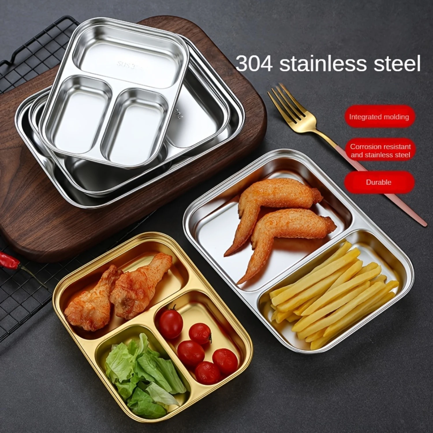 1pc 2/3grids Stainless Steel Dinner Plate, Seasoning Plate, Golden Tomato Sauce Dipping Plate, Chili Sauce, French Fries, Chicke