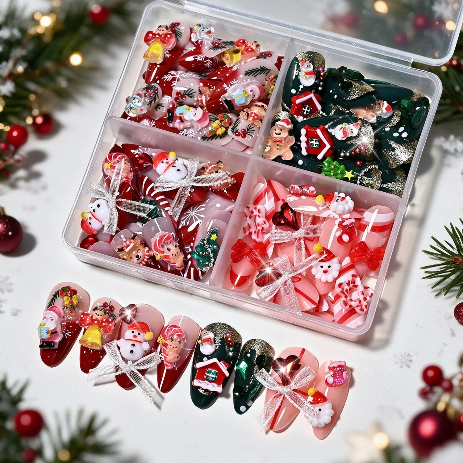 96Pcs Christmas Almond Press On Nails 3D Cartoon Santa Snowman Gingerbread Man False Nails Red Green Xmas Full Cover Fake Nails