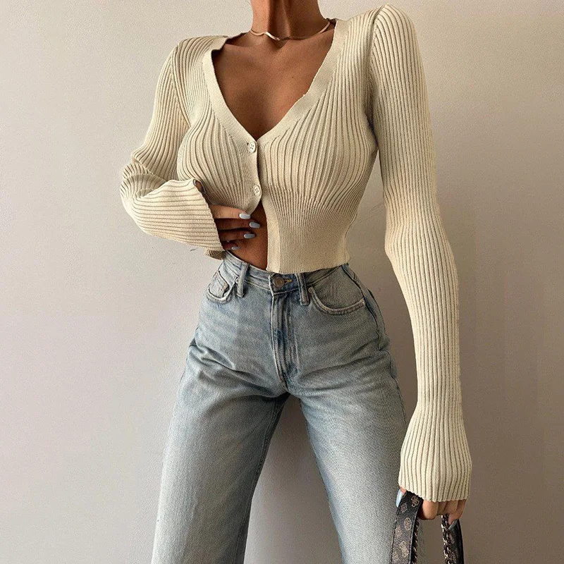 Spring Autumn Ribbed Solid V Neck Long Sleeve Buttons Sweater Tops Women Fashion Clothes Streetwear Wholesale Sweater Cardigan