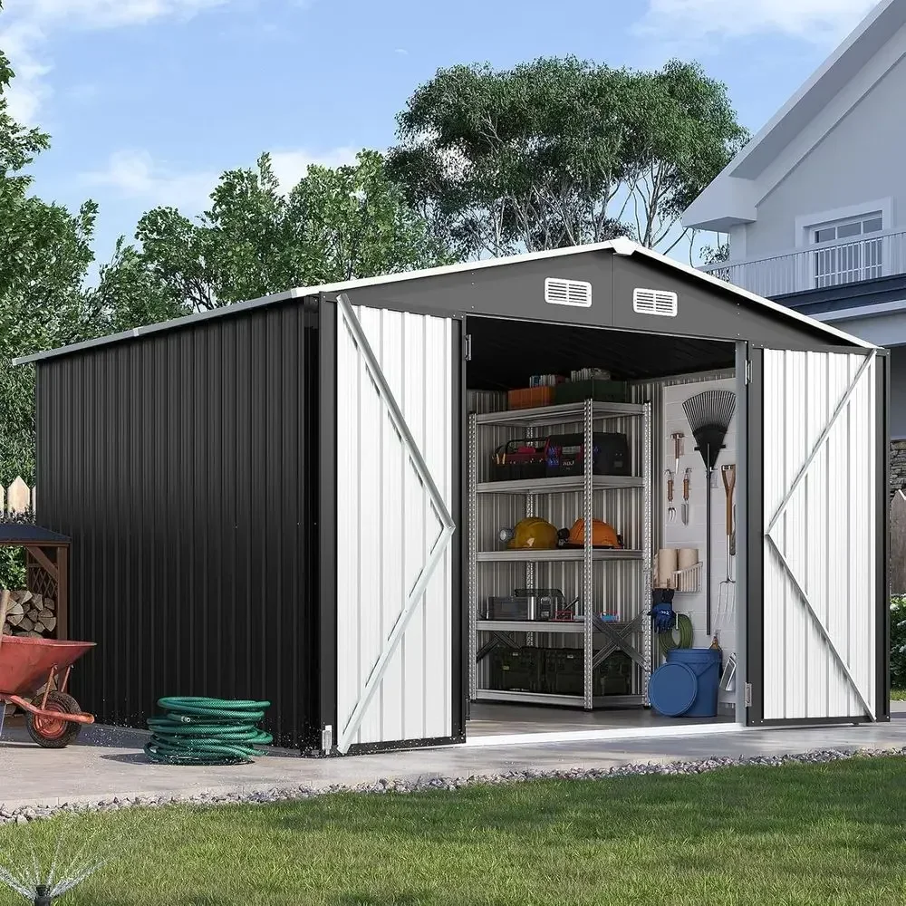 10x8ft Outdoor Metal Storage Shed with Lockable Doors, Weather-Resistant for Garden, Patio, Poolside Use