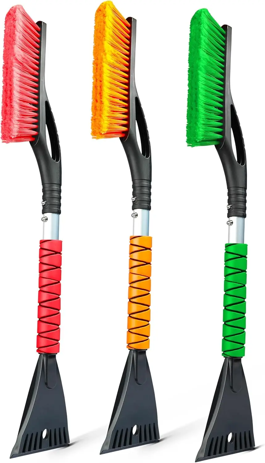 

27" Aluminum Snow Brush & Ice Scraper 3-Pack with Ergonomic Grip for Car Windshield - Orange, Red, Green